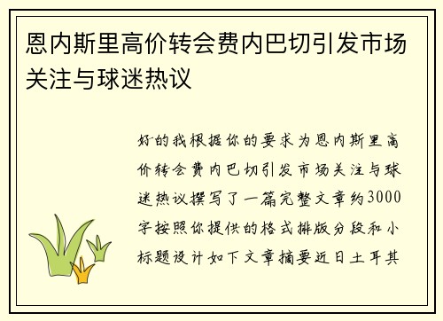 恩内斯里高价转会费内巴切引发市场关注与球迷热议